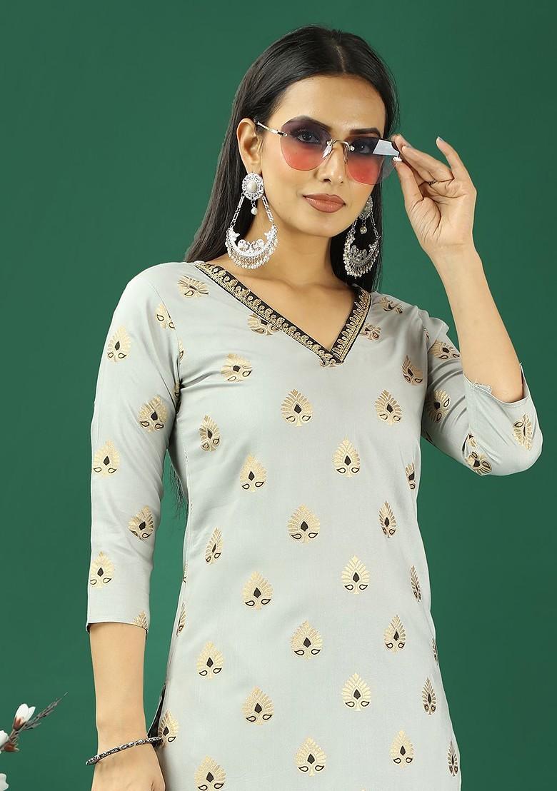 Grey Ethnic Motifs Printed Poly Blend Kurta Set