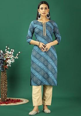 Navy Blue Ethnic Motifs Printed Poly Blend Kurta Set