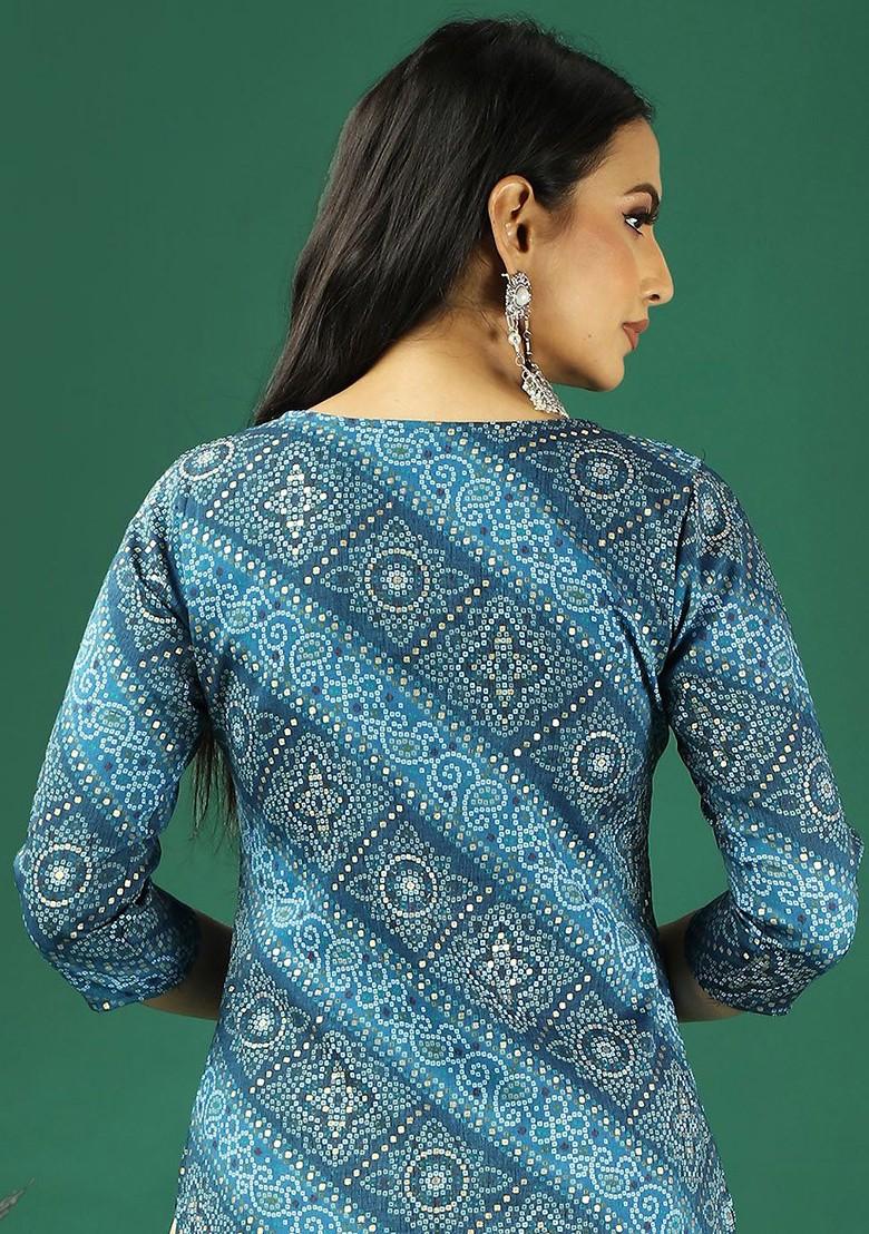 Navy Blue Ethnic Motifs Printed Poly Blend Kurta Set