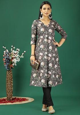 Grey Floral Print Poly Blend Kurta Set