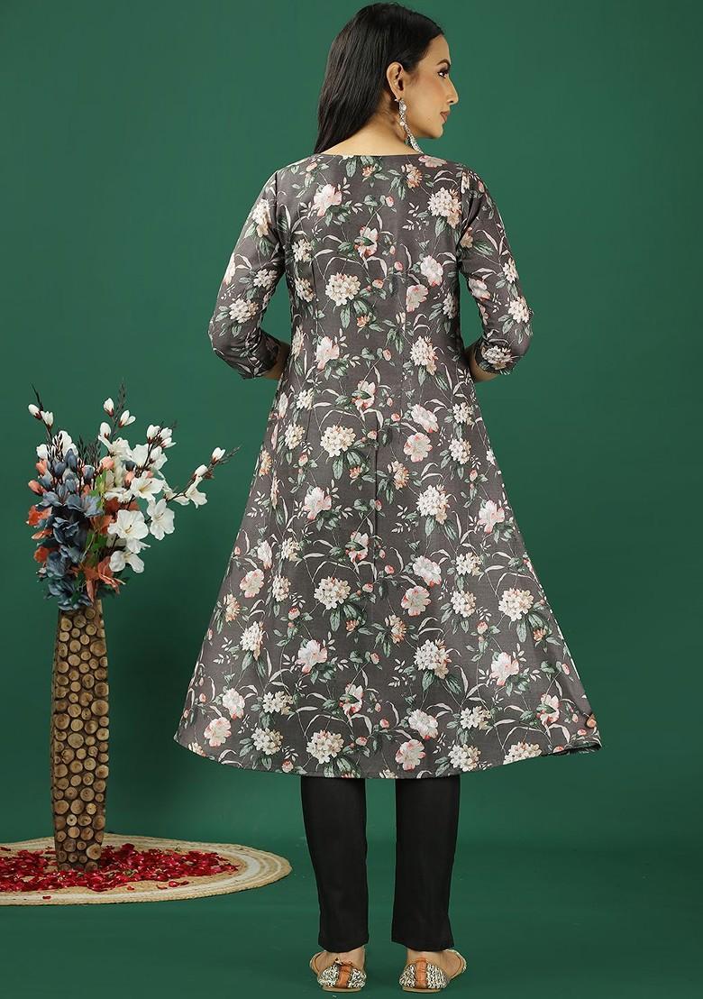 Grey Floral Print Poly Blend Kurta Set