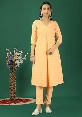 Peach Ethnic Motifs Printed Poly Blend Kurta Set