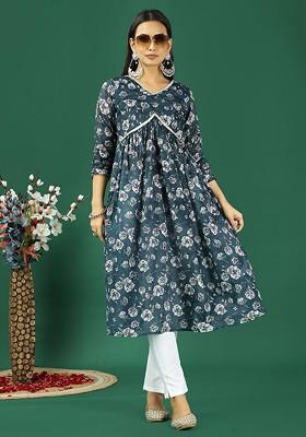 Blue Floral Print Poly Blend Kurta Set
