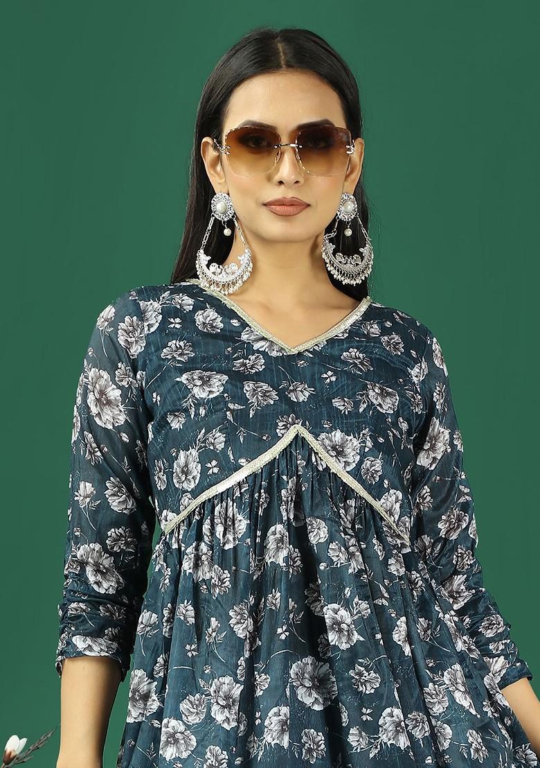 Blue Floral Print Poly Blend Kurta Set