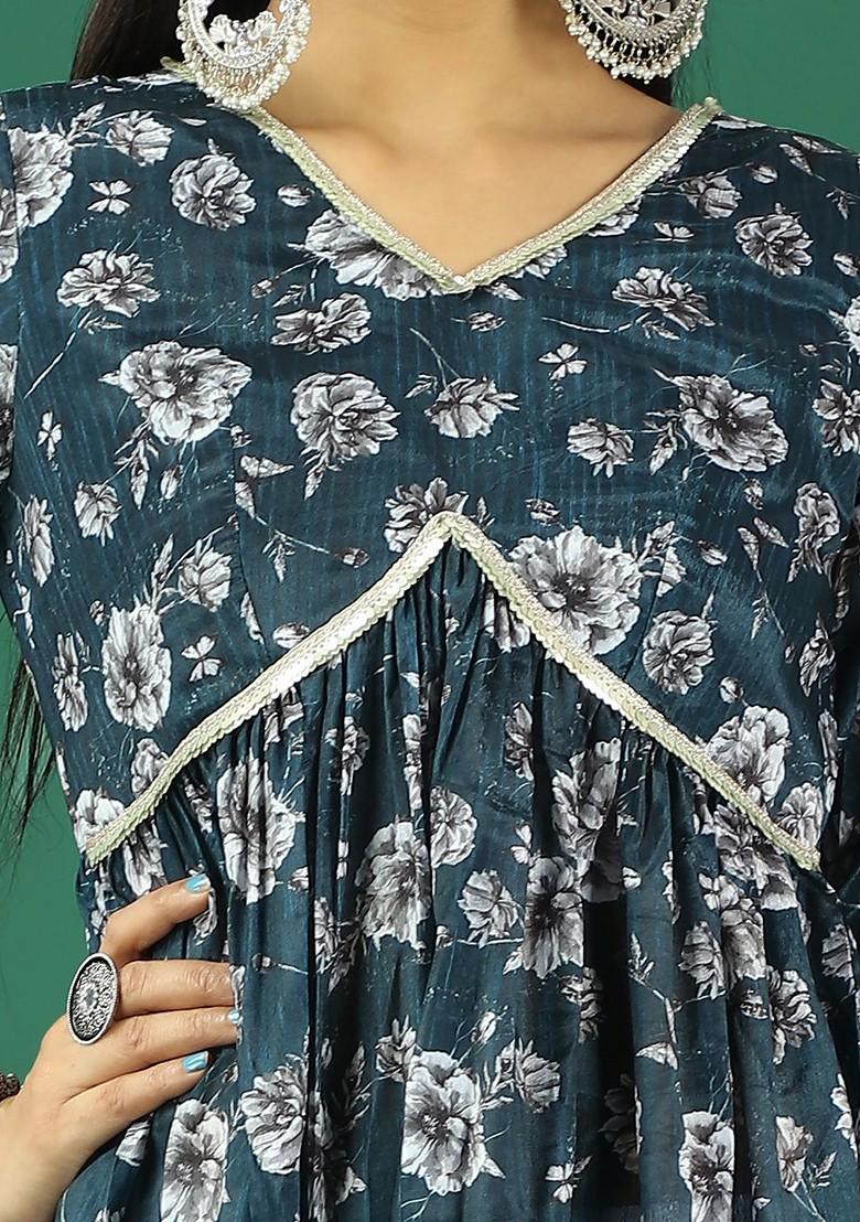 Blue Floral Print Poly Blend Kurta Set