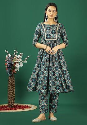 Blue Ethnic Motifs Printed Poly Blend Kurta Set