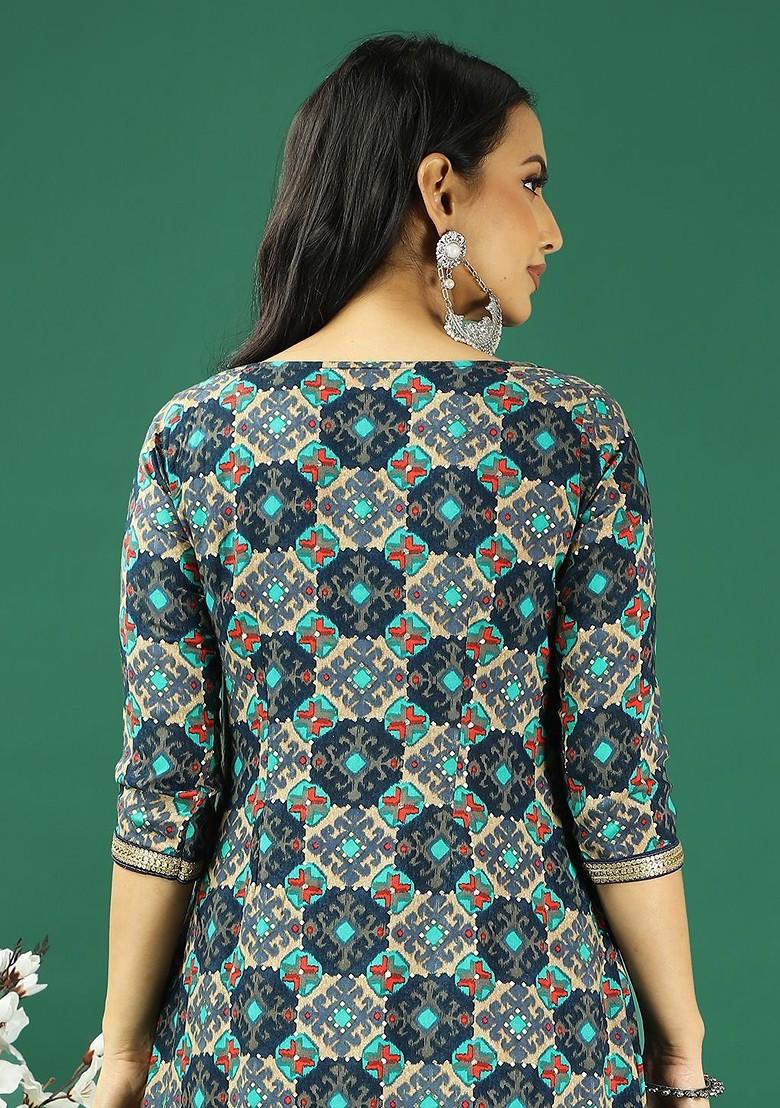 Blue Ethnic Motifs Printed Poly Blend Kurta Set