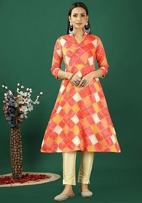 Orange Ethnic Motifs Printed Poly Blend Kurta Set