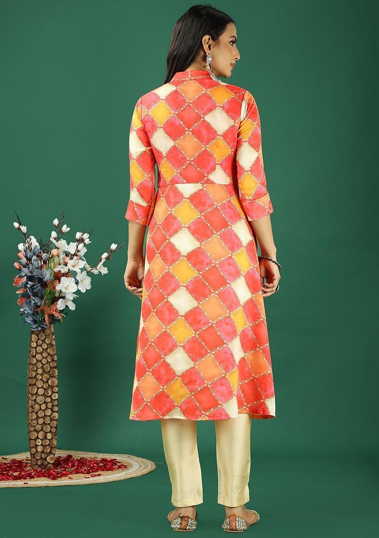Orange Ethnic Motifs Printed Poly Blend Kurta Set