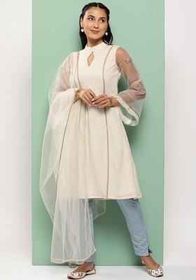 White Sequin Embroidered Poly Blend Kurta Set