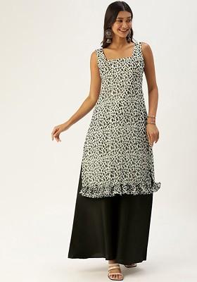 Cream Abstract Print Poly Blend Kurta Set