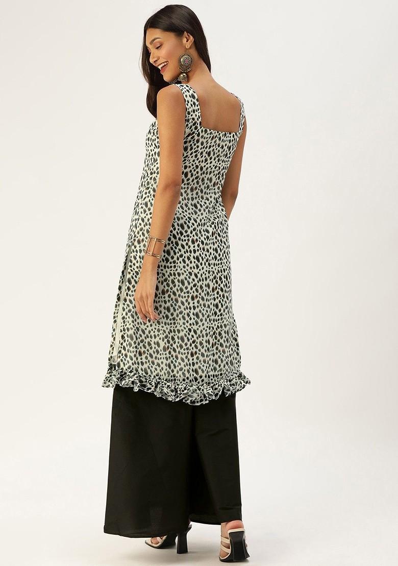 Cream Abstract Print Poly Blend Kurta Set