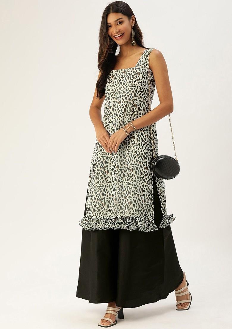 Cream Abstract Print Poly Blend Kurta Set