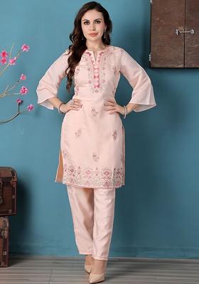 Peach Floral Embroidered Poly Blend Kurta Set