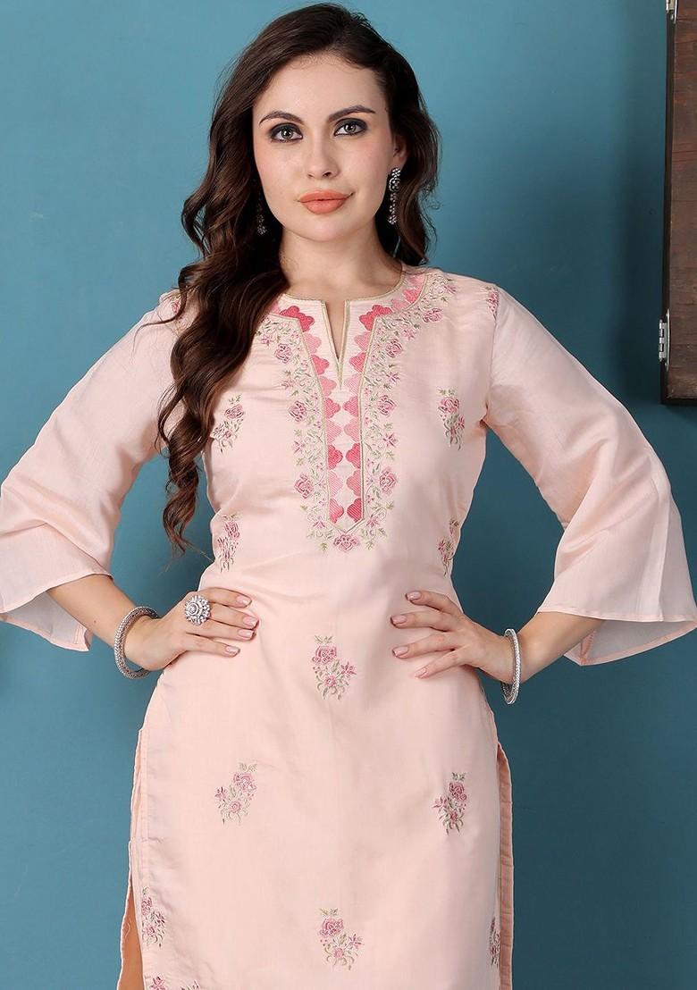 Peach Floral Embroidered Poly Blend Kurta Set