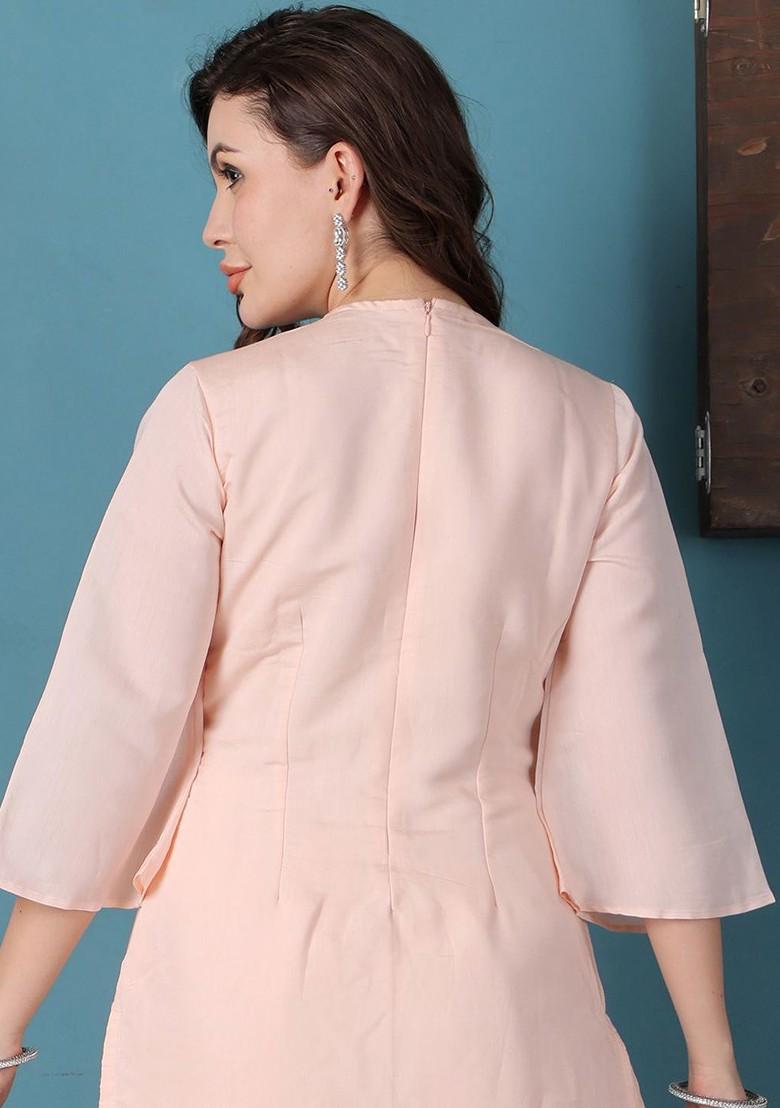 Peach Floral Embroidered Poly Blend Kurta Set