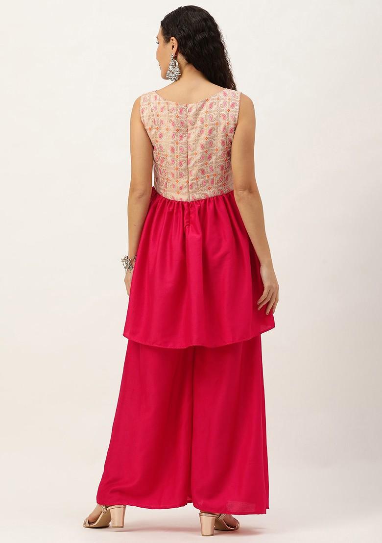 Pink Ethnic Motifs Poly Blend Kurta Set