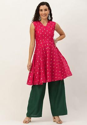 Pink Floral Embroidered Poly Blend Kurta Set
