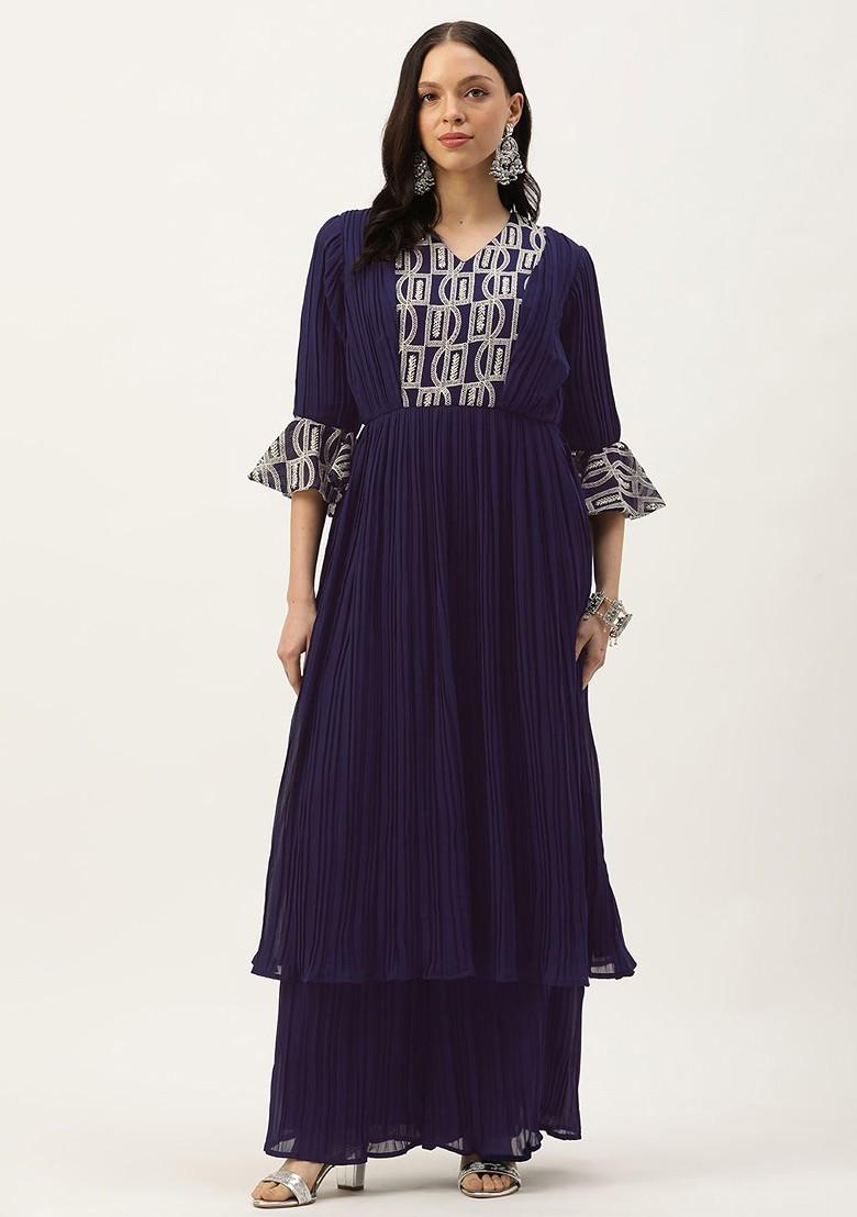 Navy Blue Floral Embroidered Poly Blend Kurta Set