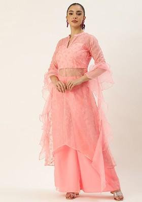 Pink Floral Embroidered Poly Blend Kurta Set