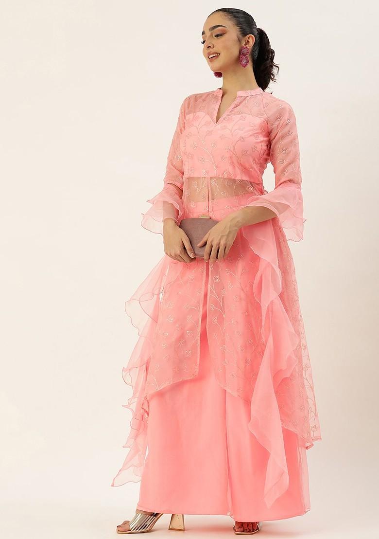 Pink Floral Embroidered Poly Blend Kurta Set