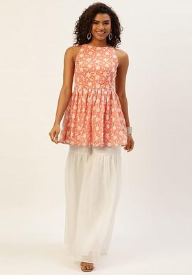 Peach Ethnic Motifs Printed Poly Blend Kurta Set