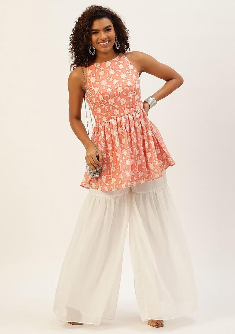 Peach Ethnic Motifs Printed Poly Blend Kurta Set