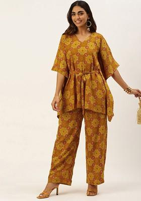 Mustard Ethnic Motifs Printed Poly Blend Kurta Set