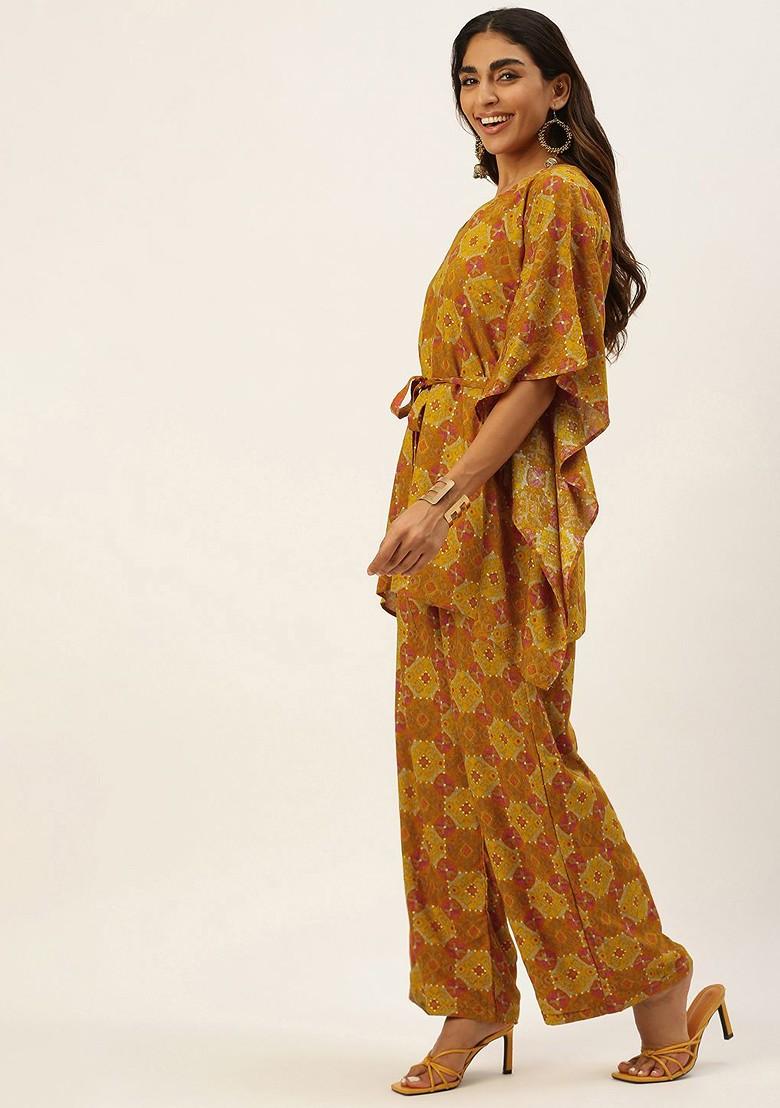 Mustard Ethnic Motifs Printed Poly Blend Kurta Set