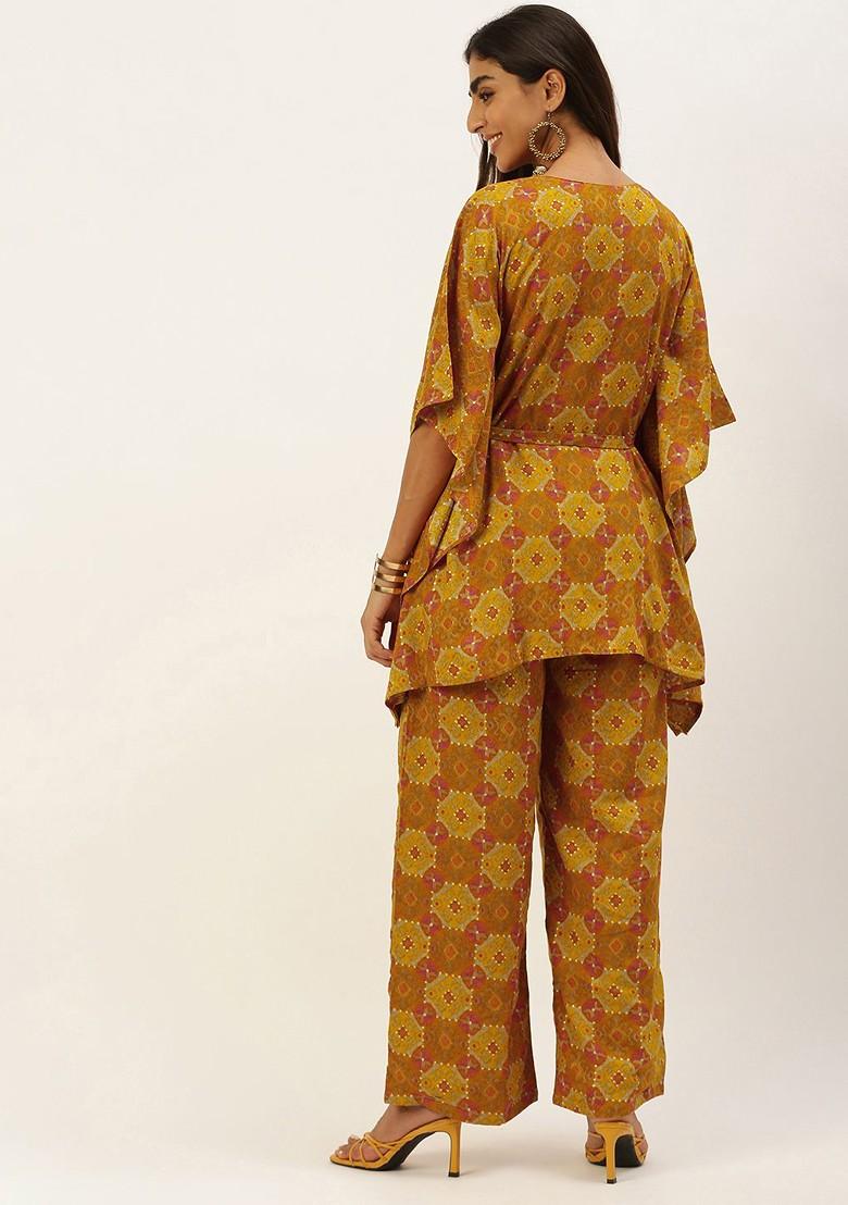 Mustard Ethnic Motifs Printed Poly Blend Kurta Set