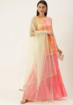 Pink Printed Poly Blend Kurta Set