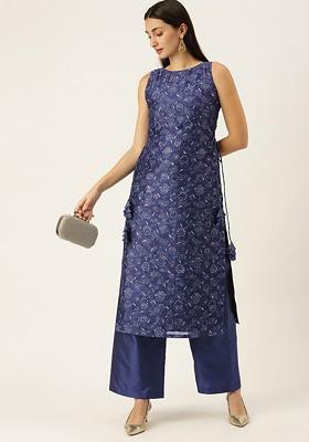 Navy Blue Printed Poly Blend Kurta Set