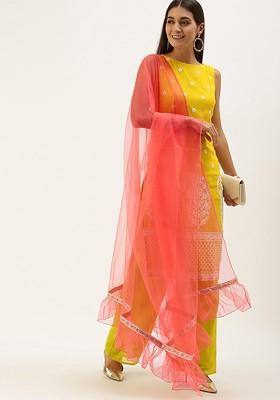 Yellow Thread Embroidered Poly Blend Kurta Set