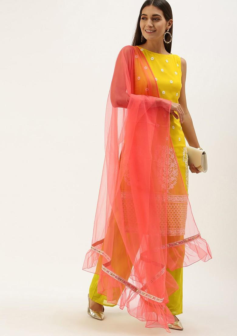 Yellow Thread Embroidered Poly Blend Kurta Set