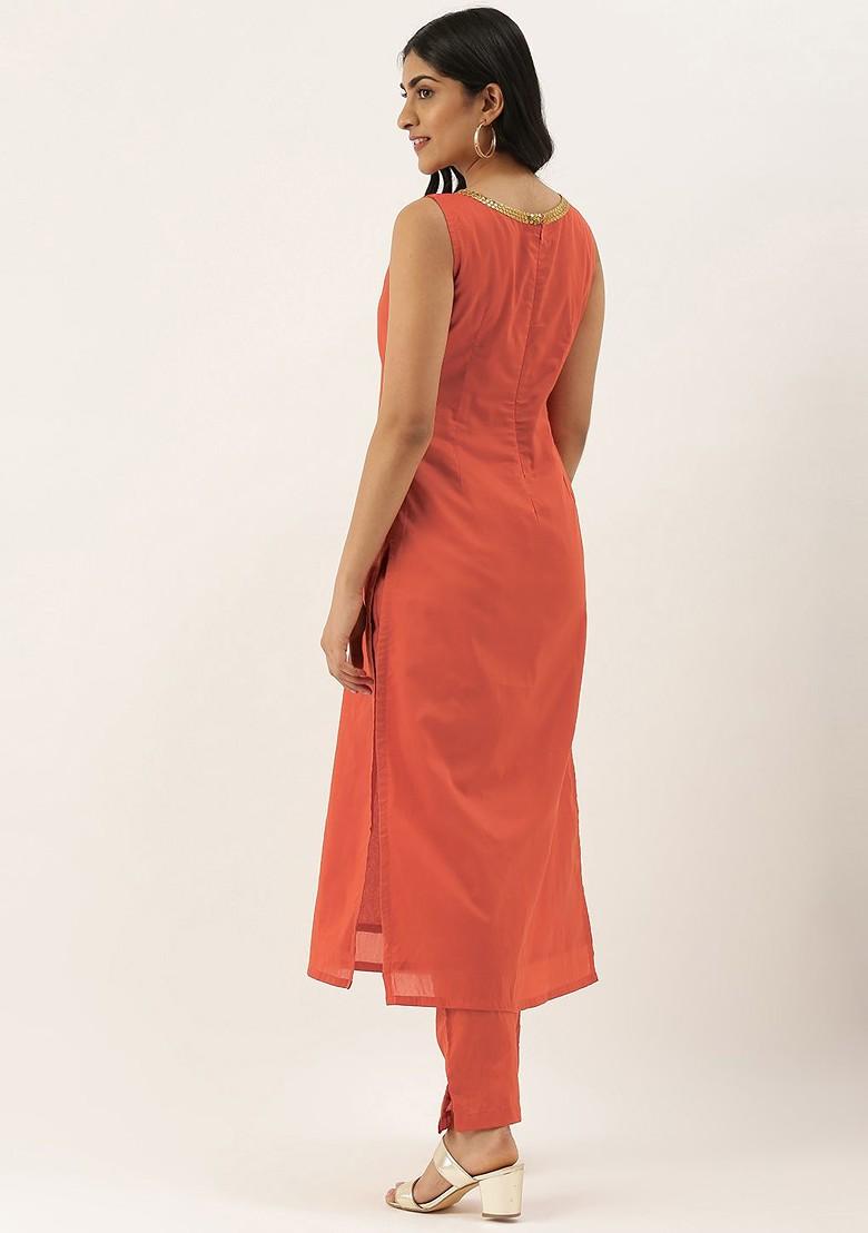 Red Embroidered Poly Blend Kurta Set