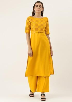 Mustard Printed Poly Blend Kurta Set