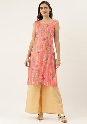 Pink Printed Poly Blend Kurta Set