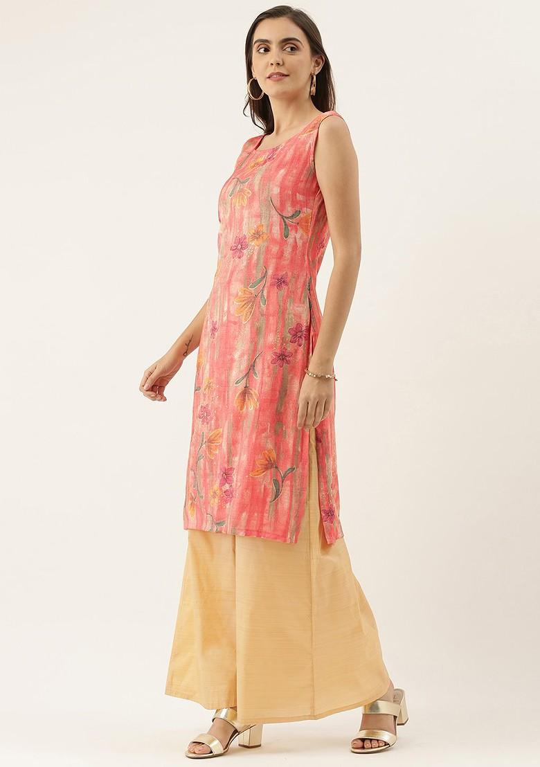 Pink Printed Poly Blend Kurta Set
