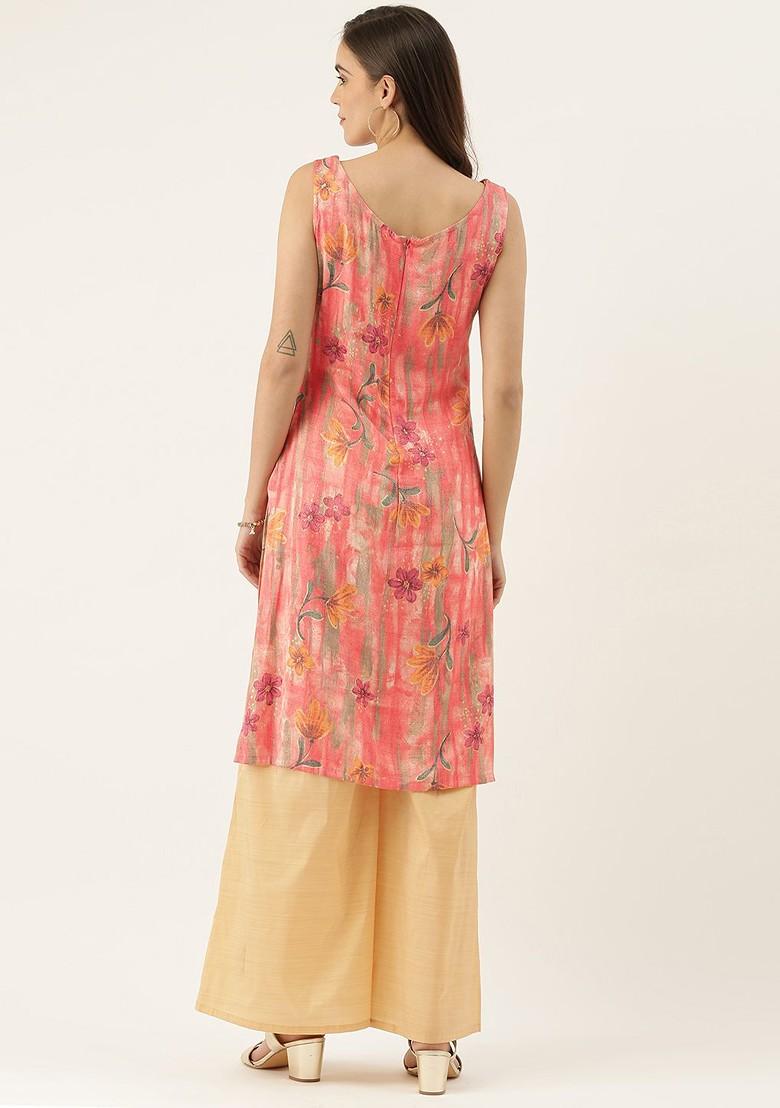 Pink Printed Poly Blend Kurta Set