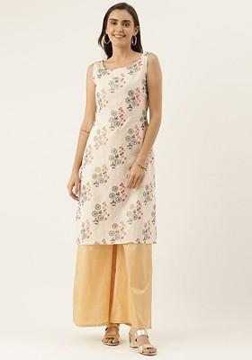 Cream Printed Poly Blend Kurta Set