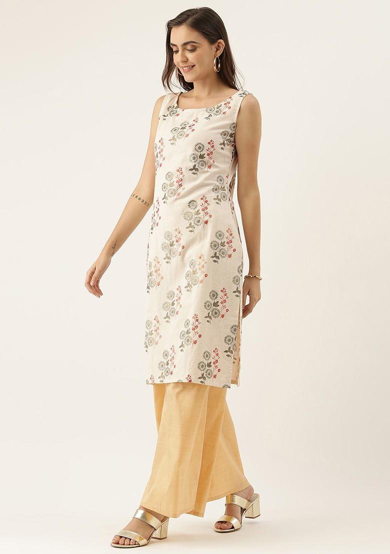 Cream Printed Poly Blend Kurta Set