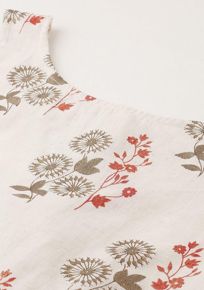 Cream Printed Poly Blend Kurta Set