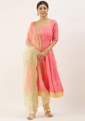 Pink Printed Poly Blend Kurta Set