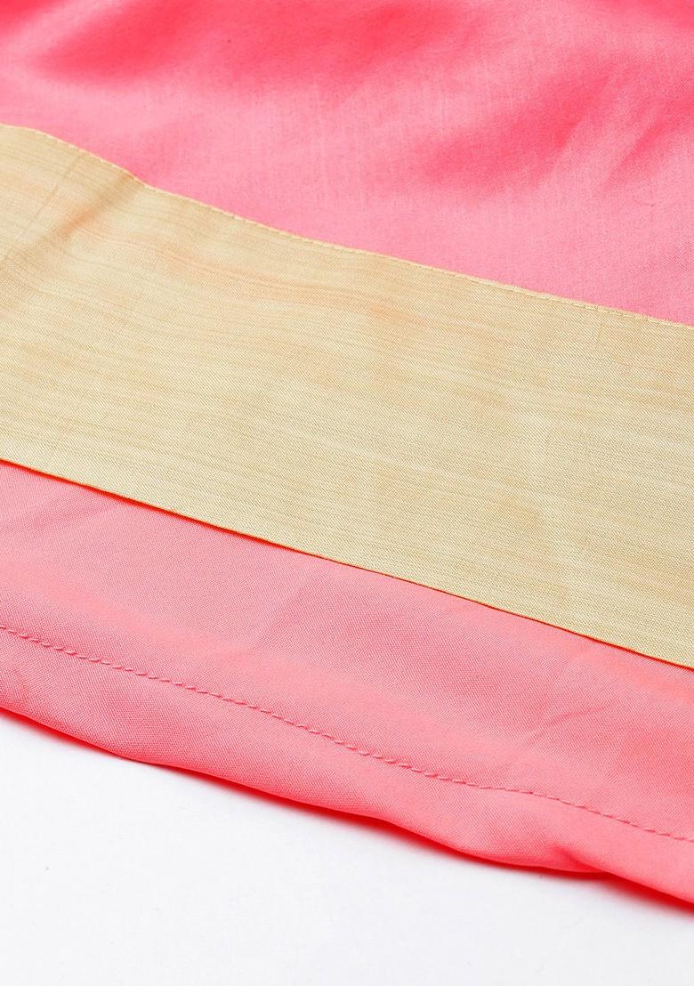 Pink Printed Poly Blend Kurta Set