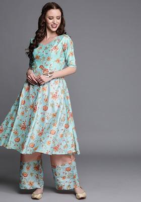Blue Printed Poly Blend Kurta Set
