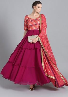 Magenta Sequin Embroidered Poly Blend Kurta Set