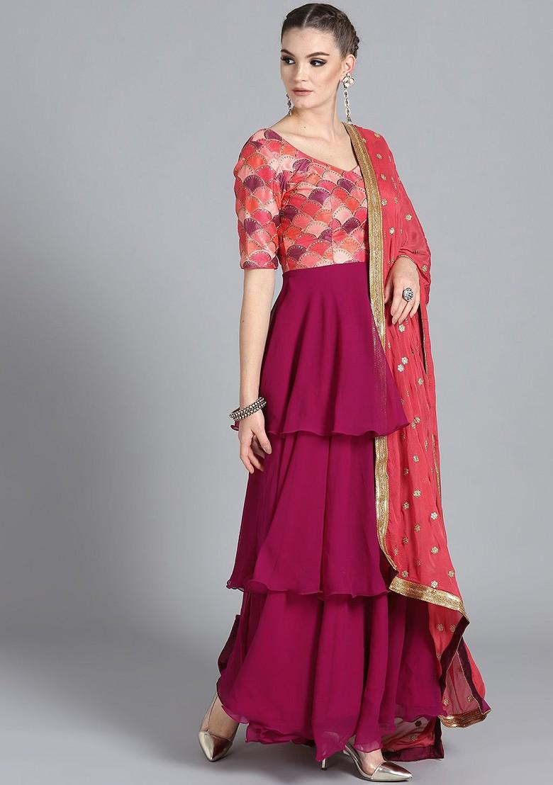 Magenta Sequin Embroidered Poly Blend Kurta Set