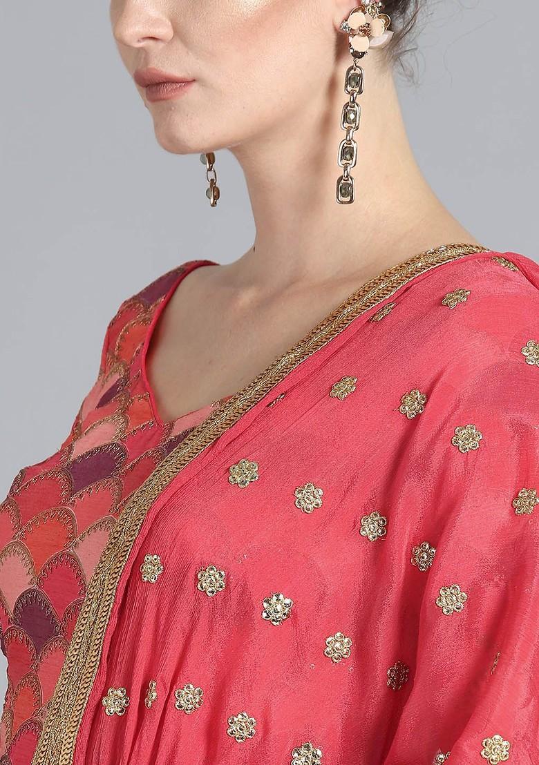Magenta Sequin Embroidered Poly Blend Kurta Set