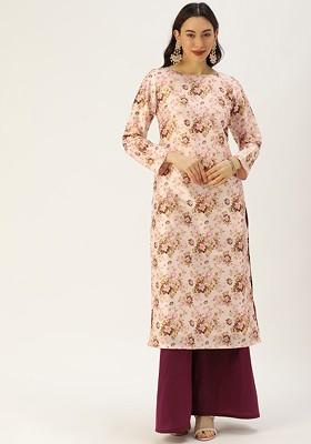 Pink Floral Print Poly Blend Kurta Set