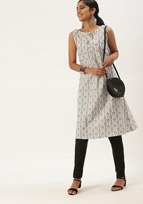 White Ethnic Motifs Printed Poly Blend Kurta Set